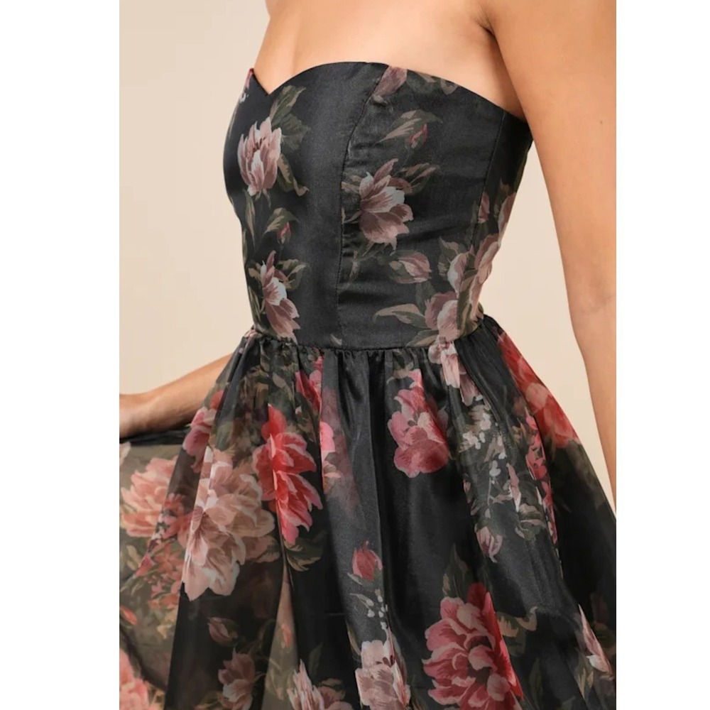 Lulus Truly Extraordinary Black Floral Organza Tiered Strapless Maxi Dress Large - Picture 2 of 10